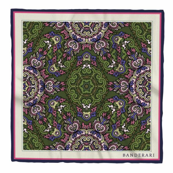 Elegante fazzoletto da taschino in seta orlata a mano dalla fantasia astratta verde rosa viola. Elegante pochette da taschino giacca colorata