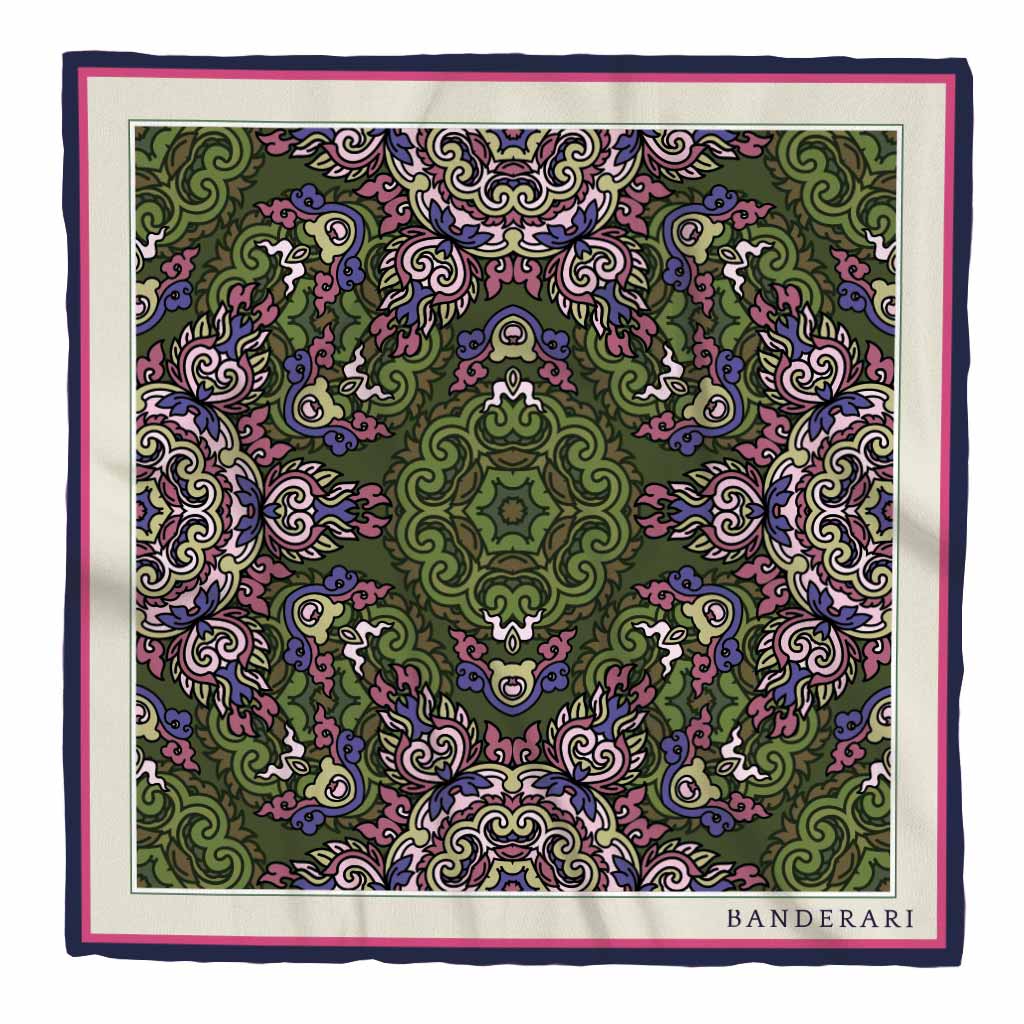 Elegante fazzoletto da taschino in seta orlata a mano dalla fantasia astratta verde rosa viola. Elegante pochette da taschino giacca colorata