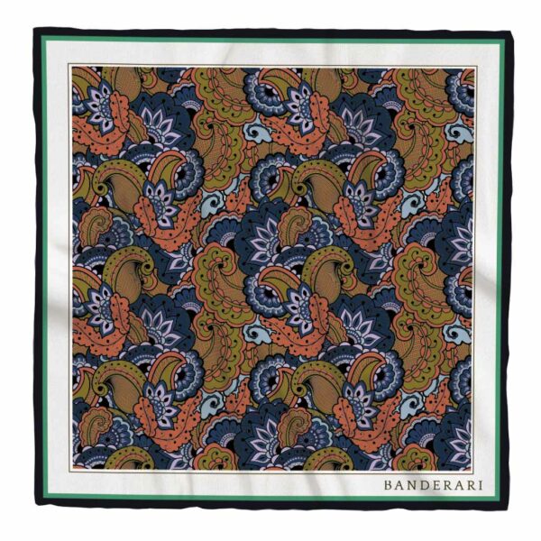 Elegante fazzoletto da taschino in seta orlata a mano dalla fantasia paisley arancione blu petrolio verde. Elegante pochette da giacca colorata e versatile.