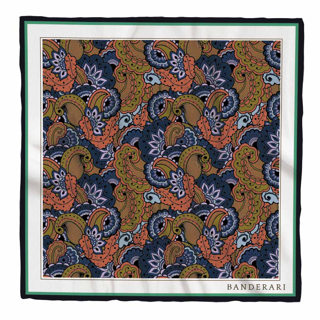 Elegante fazzoletto da taschino in seta orlata a mano dalla fantasia paisley arancione blu petrolio verde. Elegante pochette da giacca colorata e versatile.