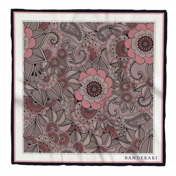 Elegante fazzoletto da taschino in seta orlata a mano dalla fantasia floreale rosa. Elegante pochette da giacca colorata e versatile.
