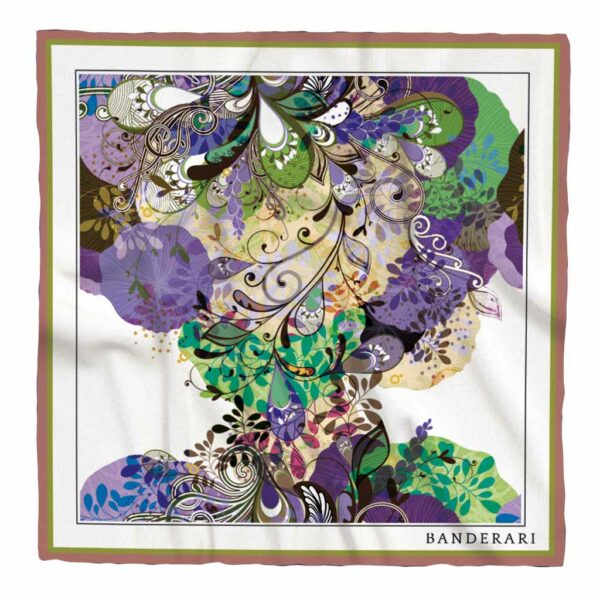 Elegante fazzoletto da taschino in seta orlata a mano dalla fantasia paisley astratta viola e verde. Pochette da giacca colorata e versatile.