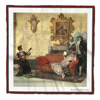 Fazzoletto da taschino Il concerto. Elegante fazzoletto da taschino in seta orlata a mano raffigurante l'opera d'arte di Vicente Palmaroli y Gonzalez