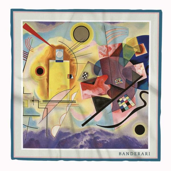 Fazzoletto da taschino Giallo, Rosso, Blu. Elegante fazzoletto da taschino in seta orlata a mano raffigurante l'opera d'arte di Vasilij Kandinskij.