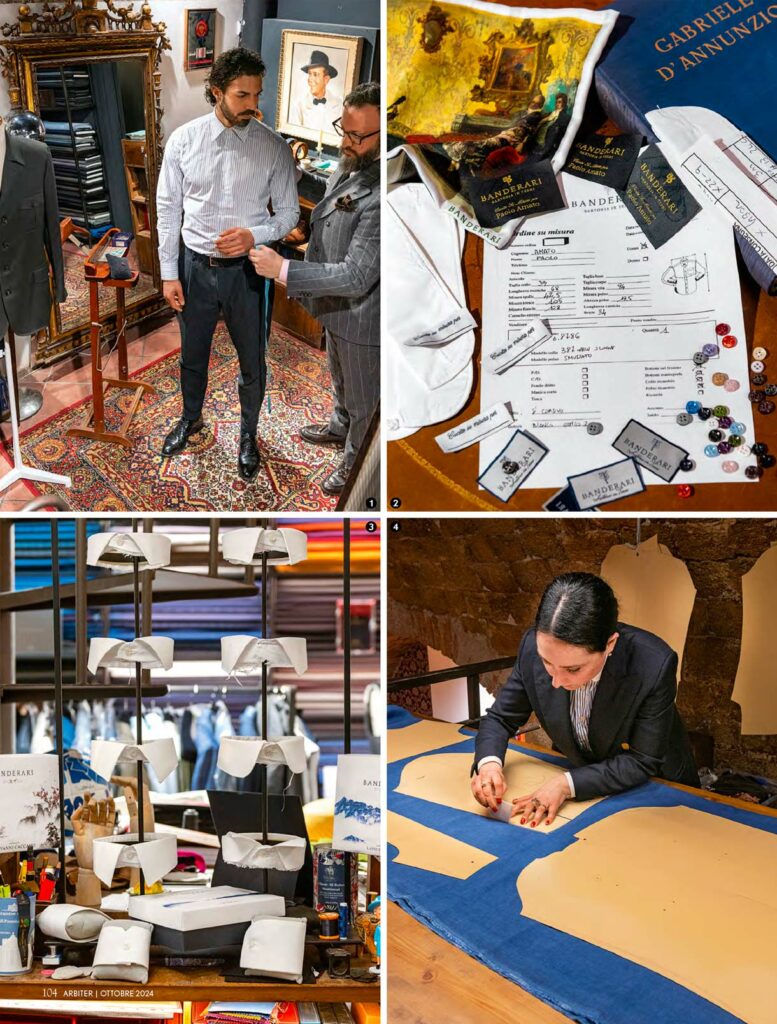 Arbiter Magazine - Banderari Terni - "Omar Belli misura la lunghezza della manica di un cliente durante una prova su misura, presso l’atelier Banderari. Cura e precisione artigianale per un risultato perfetto.