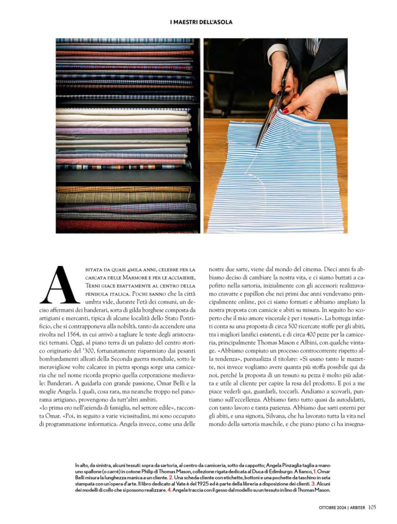 Arbiter Magazine - Banderari Terni - "Angela Pinzaglia traccia con il gesso su un tessuto in lino Thomas Mason, durante la fase di preparazione della camicia su misura. Un’attenzione ai dettagli che riflette l’eccellenza sartoriale di Banderari.